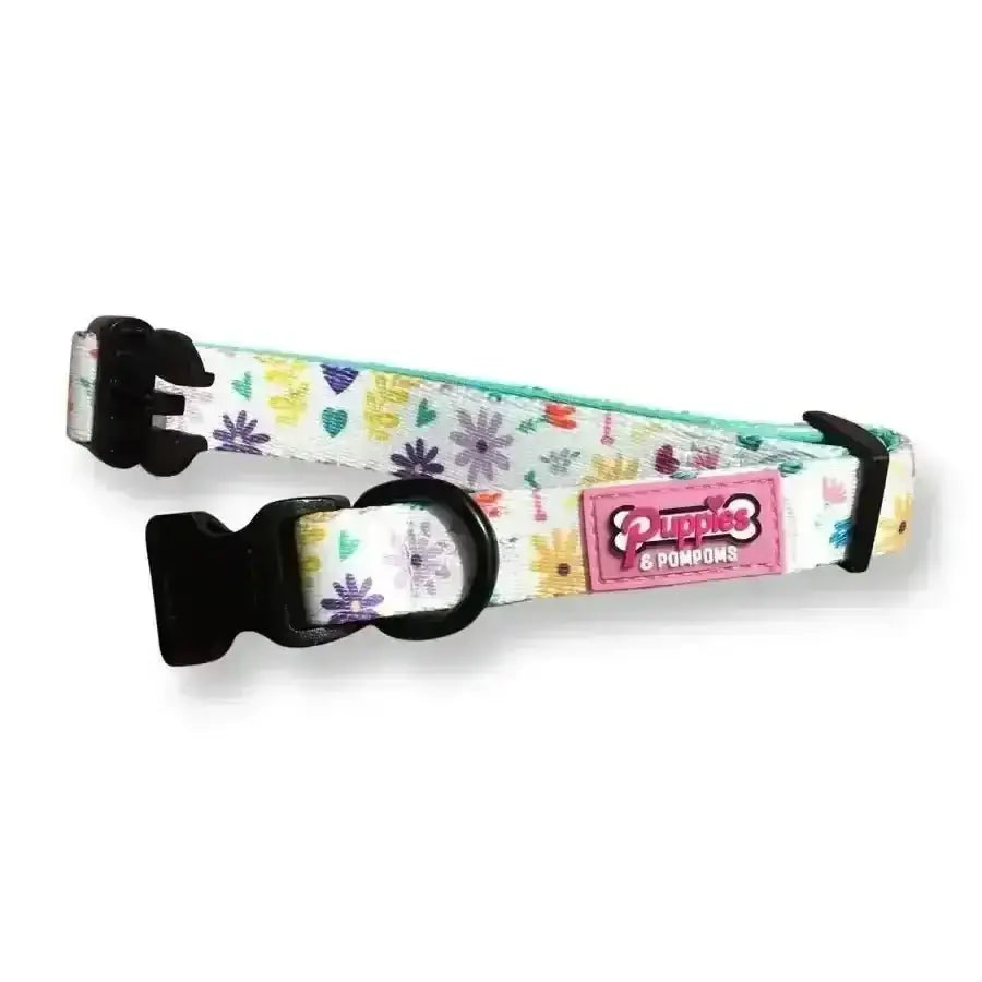 White Floral Poms Dog Collar in Ditsy Sprinkles Premium Padded Neoprene