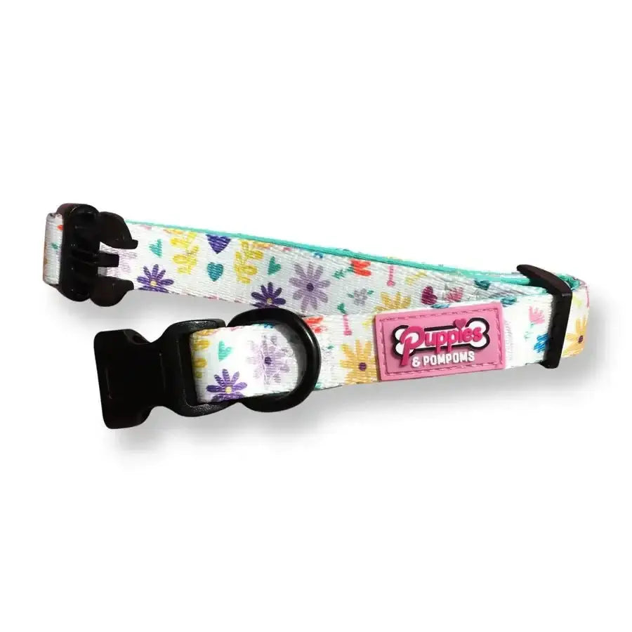 White Floral Poms Dog Collar in Ditsy Sprinkles Premium Padded Neoprene