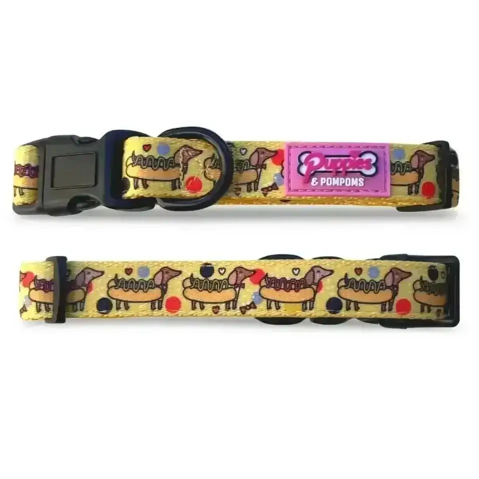 Premium padded neoprene poms dog collar with hot dog dachshunds design