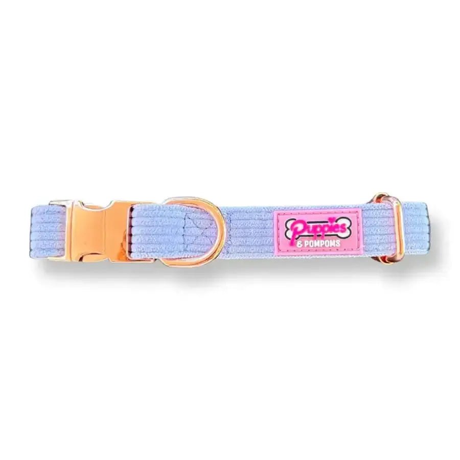 Lavender blue luxury Poms dog collar with pink buckle and Puppia logo