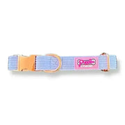 Lavender blue luxury Poms dog collar with pink buckle and Puppia logo