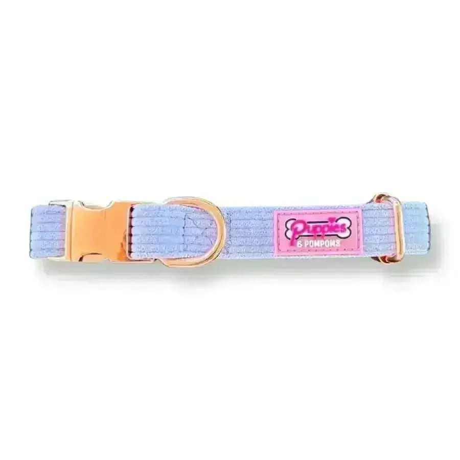 Lavender blue luxury Poms dog collar with pink buckle and Puppia logo