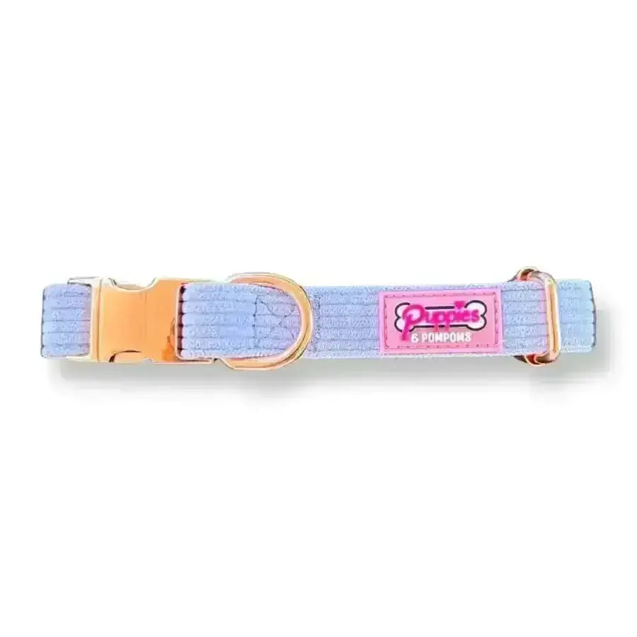 Lavender blue luxury Poms dog collar with pink buckle and Puppia logo