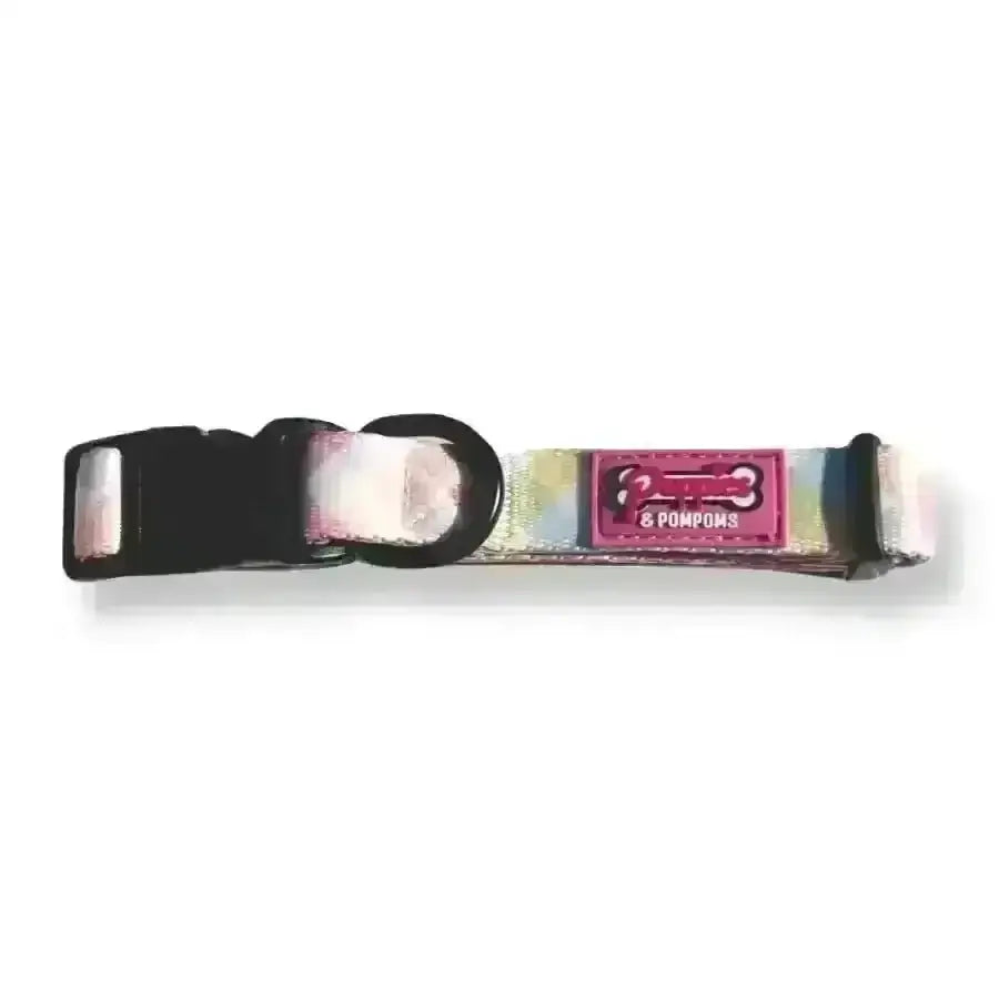 Pastel Vichy poms dog collar with multicolored design, black buckle, and premium padded neoprene strap
