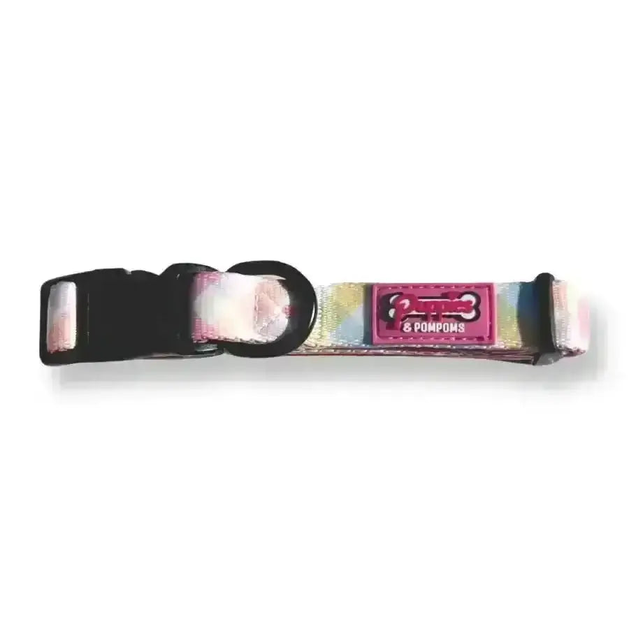 Pastel Vichy poms dog collar with multicolored design, black buckle, and premium padded neoprene strap