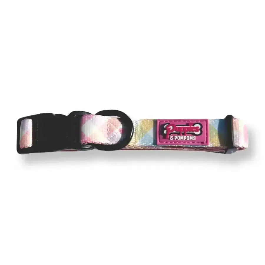 Pastel Vichy poms dog collar with multicolored design, black buckle, and premium padded neoprene strap