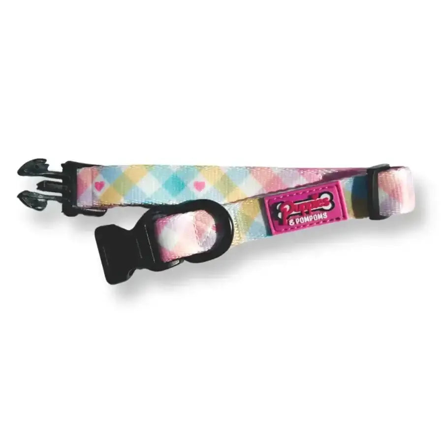 Pastel Vichy poms dog collar with heart pattern, adjustable strap, black buckle, pink bone tag