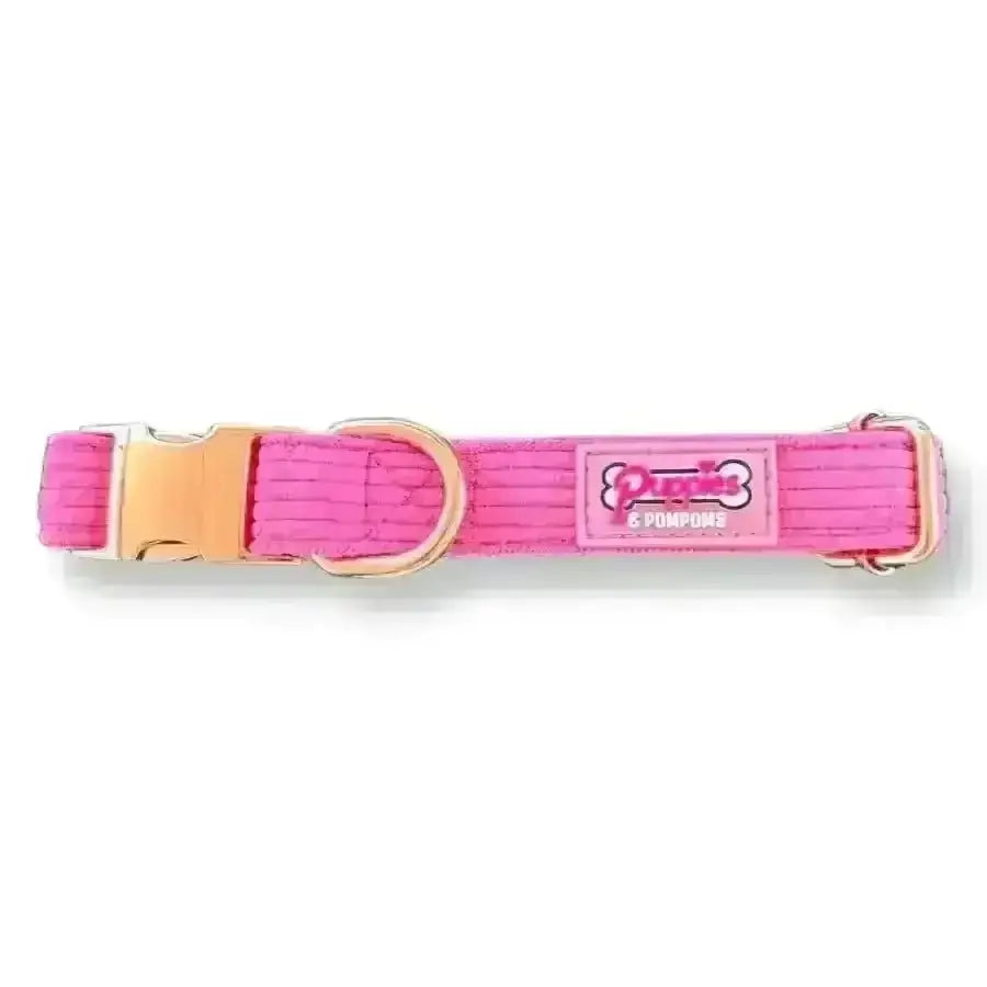 Pink luxury corduroy Poms dog collar with gold hardware and Purrs & Company logo