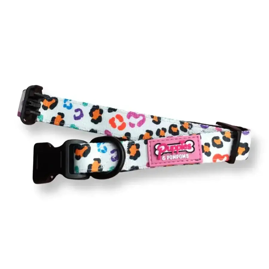 Premium padded neoprene Puppies & Pom Poms dog collar in leopard print with pink accents