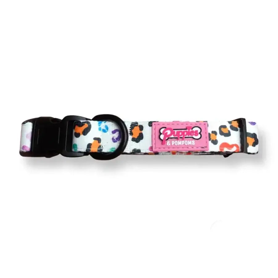 Premium padded neoprene Puppies & Pom Poms Dog Collar with pink white bones