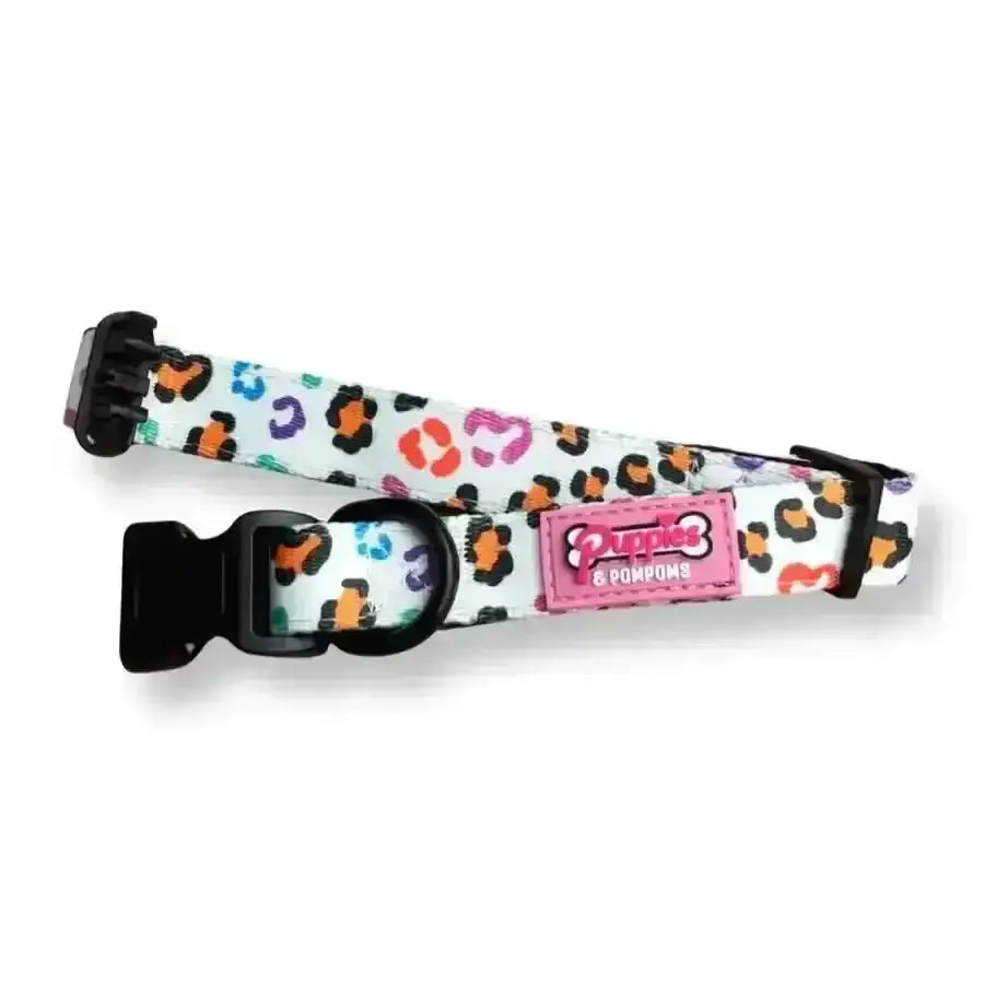Premium padded neoprene Puppies & Pom Poms dog collar in leopard print with pink accents