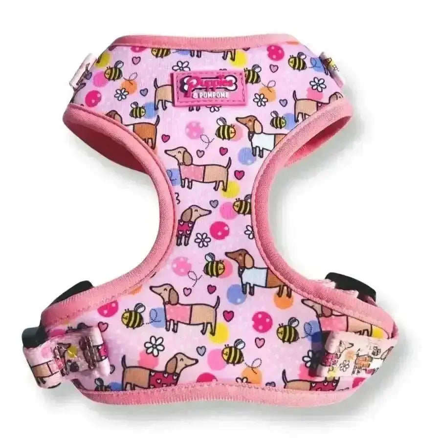 Pink Bee Happy Dachshunds Pom Poms Dog Harness with Neoprene Design