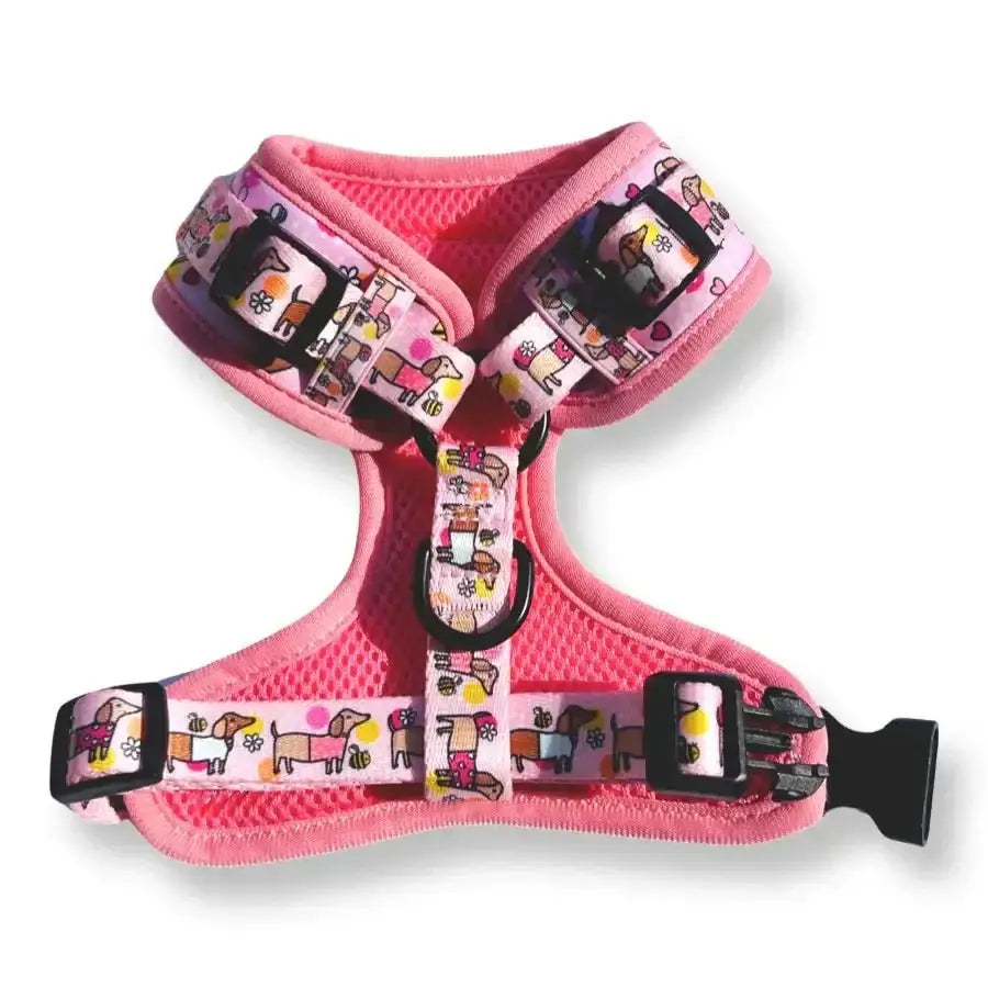 Pink Poms Dog Harness with Bee Happy Dachshunds Design