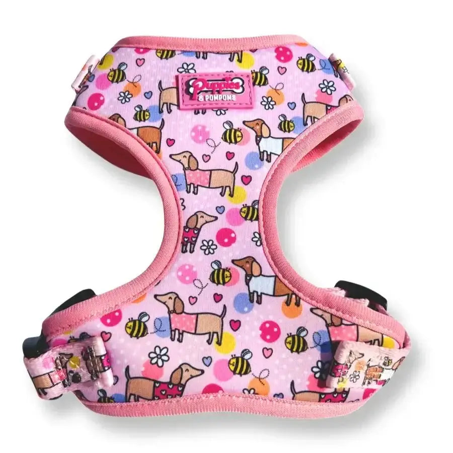Pink Bee Happy Dachshunds Pom Poms Dog Harness with Neoprene Design