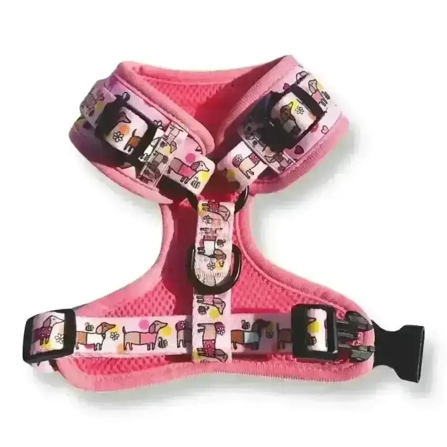 Pink Poms Dog Harness with Bee Happy Dachshunds Design