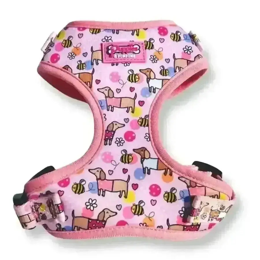 Pink Bee Happy Dachshunds Pom Poms Dog Harness with Neoprene Design