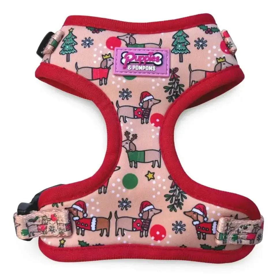 Premium padded neoprene Poms dog harness with Christmas Dachshunds design