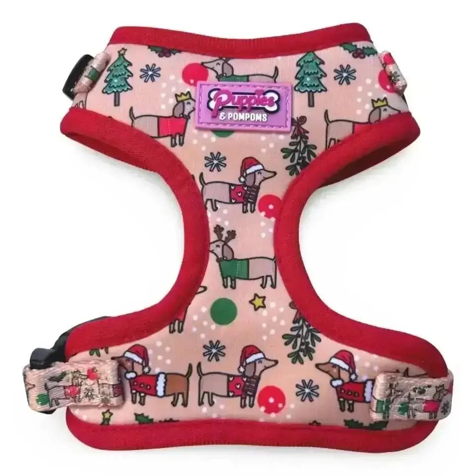 Premium padded neoprene Poms dog harness with Christmas Dachshunds design