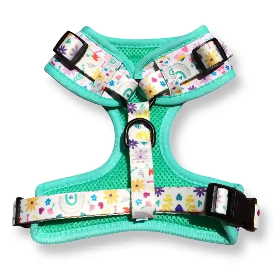 Turquoise air-mesh Pomeranian poms dog harness with floral buckle