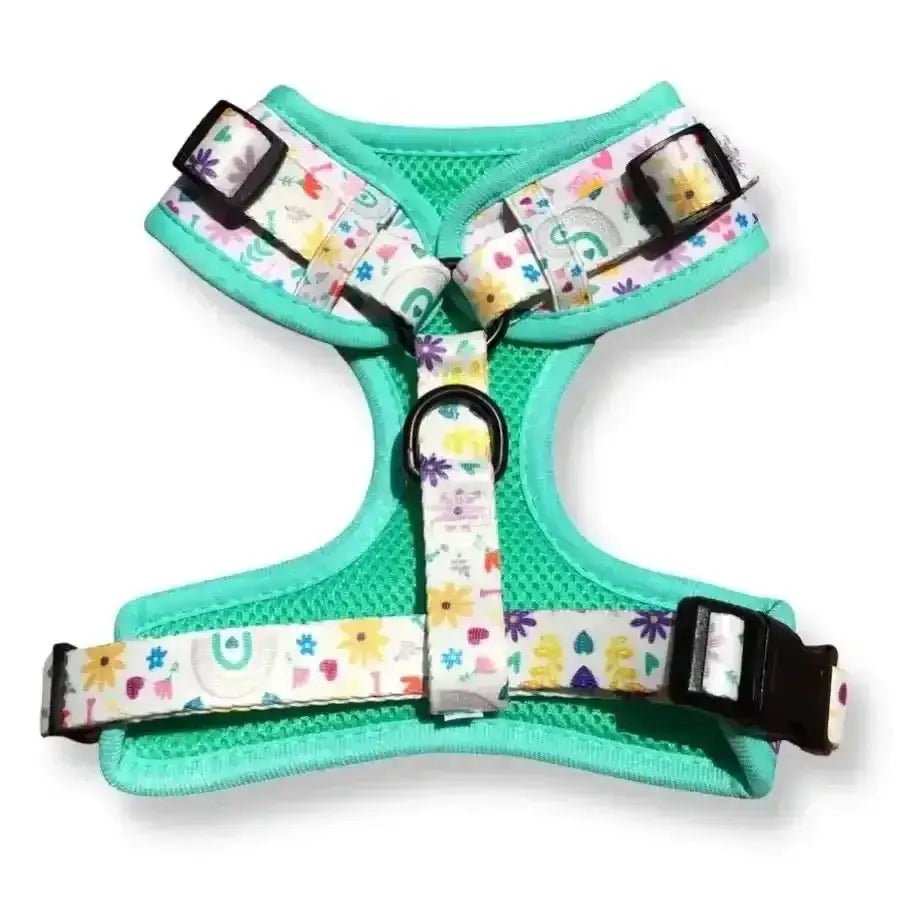 Turquoise air-mesh Pomeranian poms dog harness with floral buckle