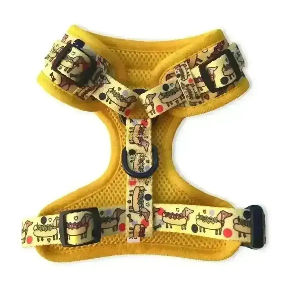 Yellow Puppies & Pom Poms dog harness with cartoon horse design
