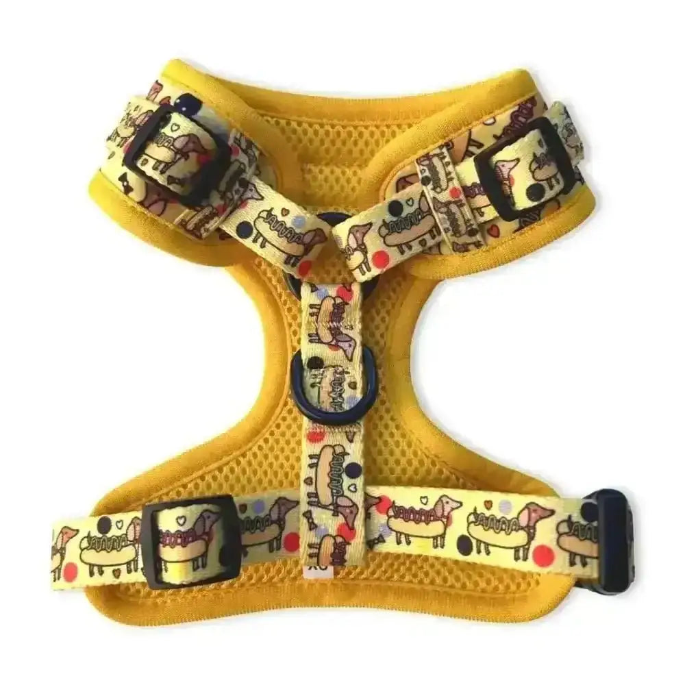 Yellow Puppies & Pom Poms dog harness with cartoon horse design