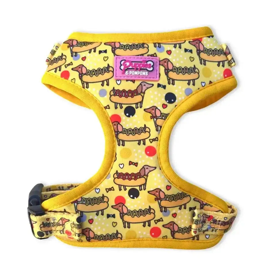 Premium padded neoprene Puppies & Pom Poms dog harness with hot dog print