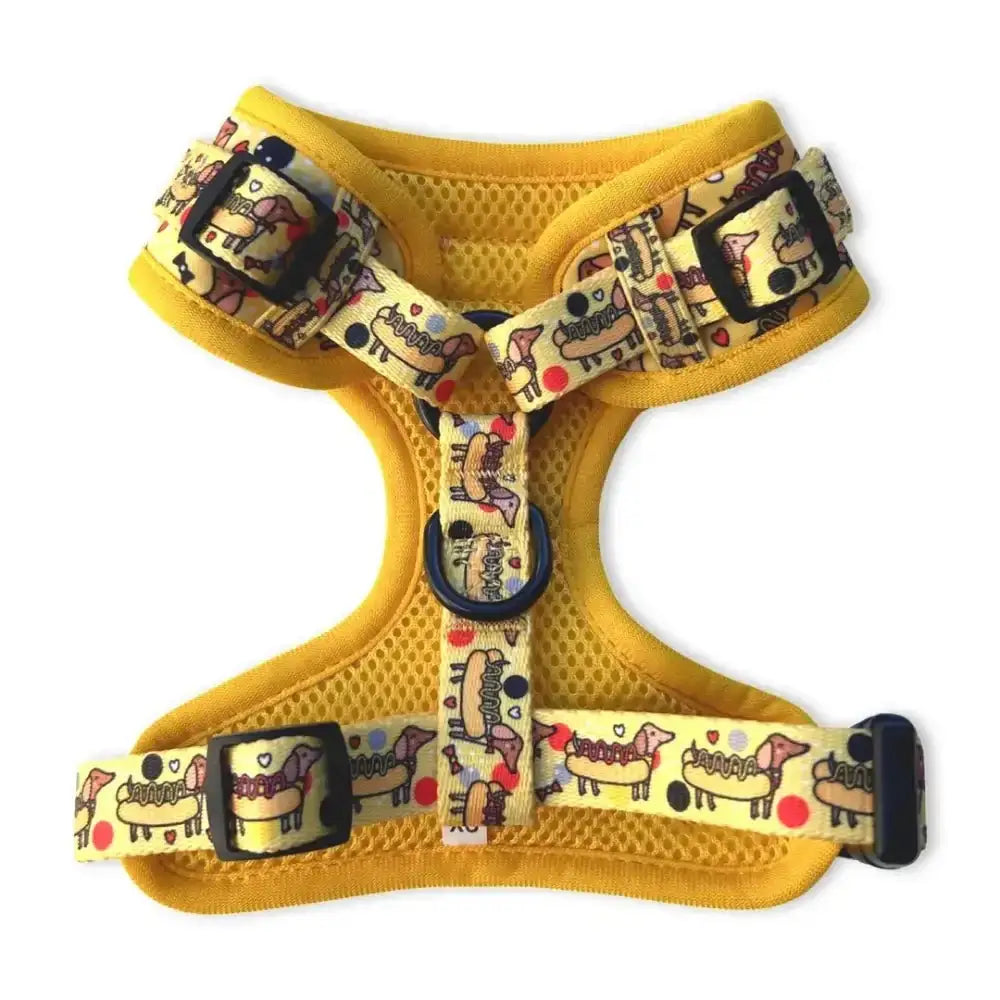 Yellow Puppies & Pom Poms dog harness with cartoon horse design