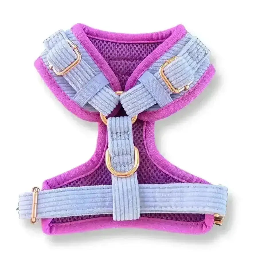 Purple and gray Puppies & Pom Poms dog harness in lavender blue luxe corduroy with gold hardware and mesh design