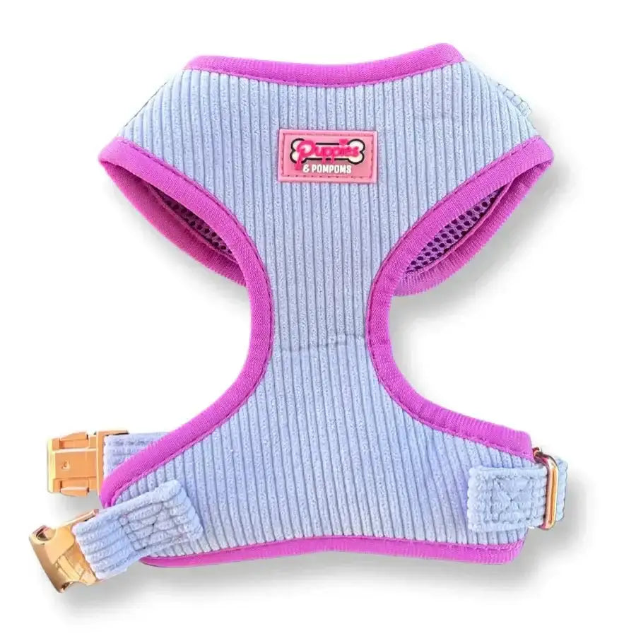 Lavender blue luxe corduroy pom poms dog harness with pink trim
