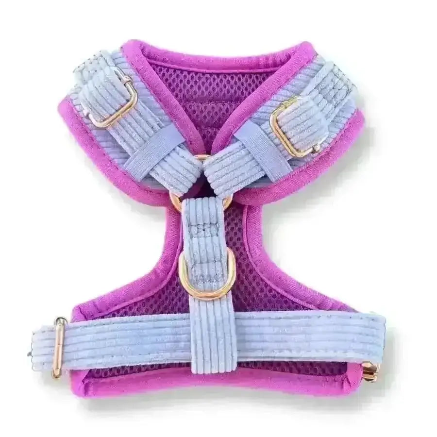 Purple and gray Puppies & Pom Poms dog harness in lavender blue luxe corduroy with gold hardware and mesh design
