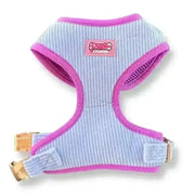 Lavender blue luxe corduroy pom poms dog harness with pink trim