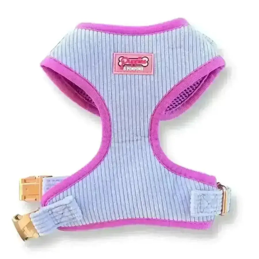 Lavender blue luxe corduroy pom poms dog harness with pink trim