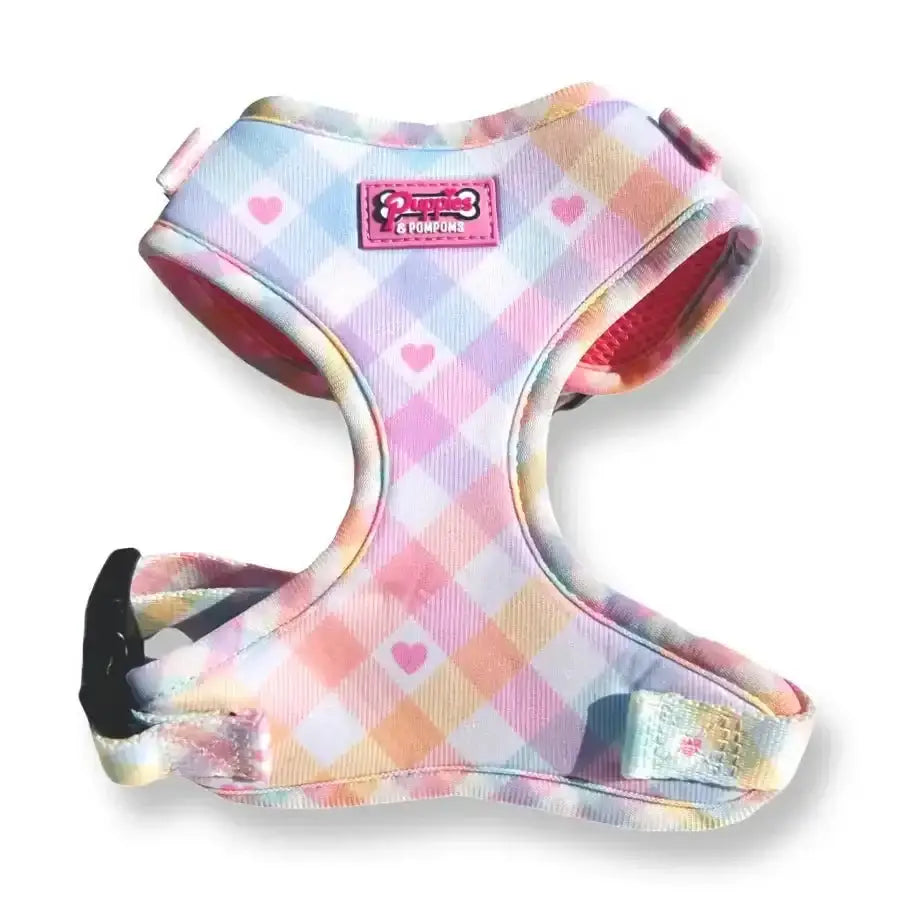 Pastel Vichy pom poms dog harness with hearts and pink trim by Puppia