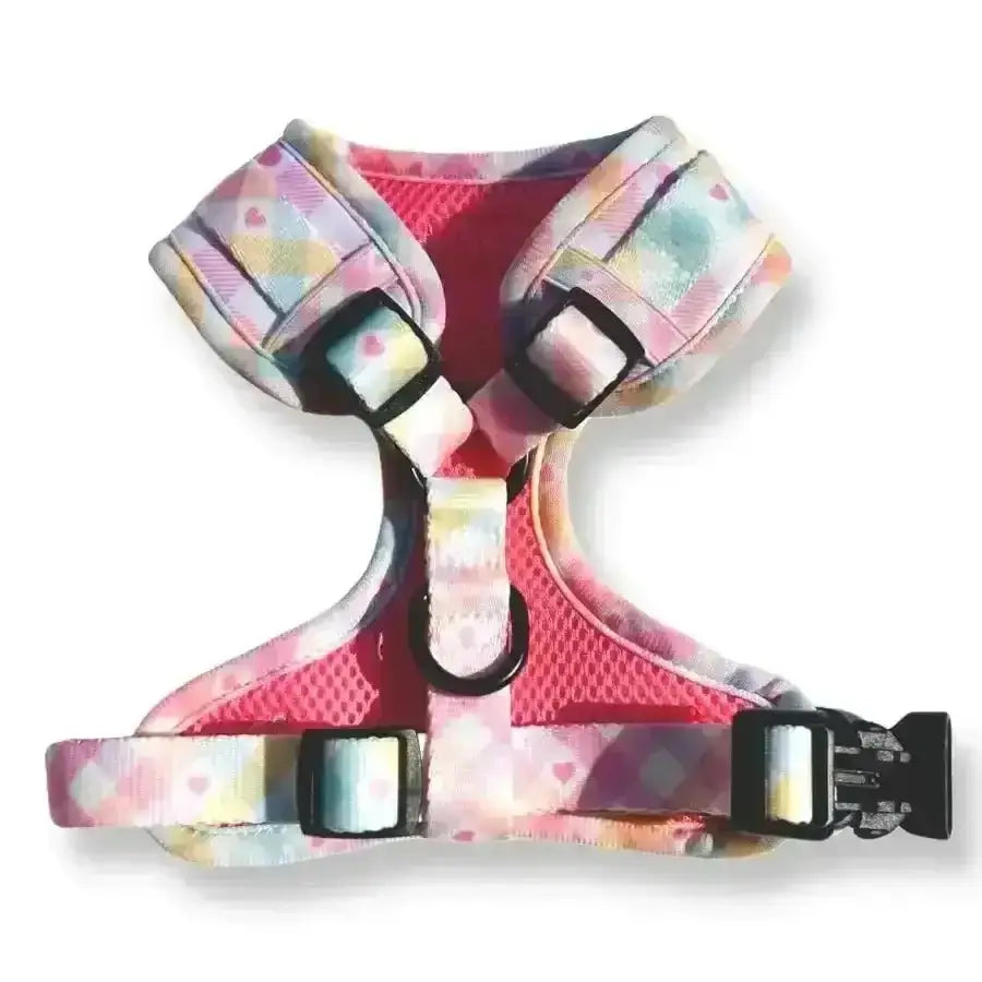Pastel Vichy Puppies & Pom Poms Dog Harness with Pink Geometric Pattern