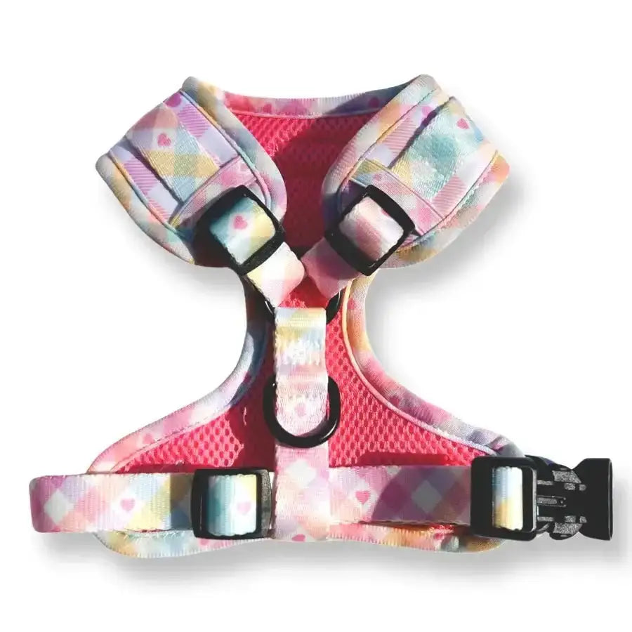 Pastel Vichy Puppies & Pom Poms Dog Harness with Pink Geometric Pattern