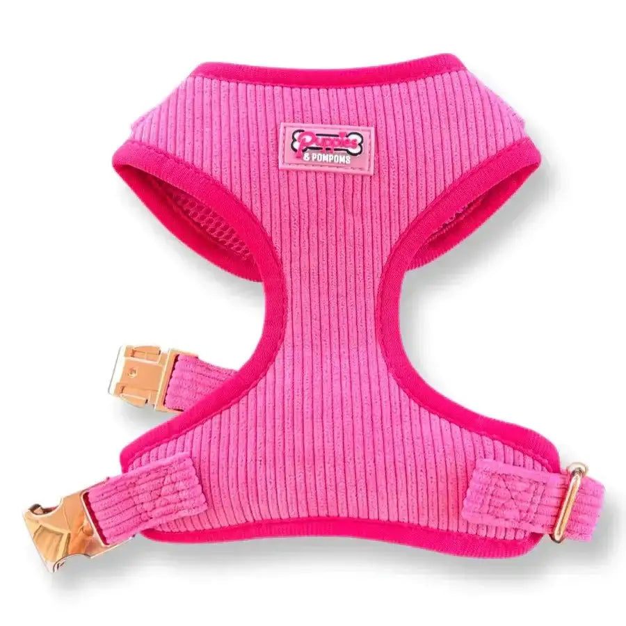 Pink Luxe Corduroy Poms Dog Harness with Ribbed Fabric and Adjustable Straps