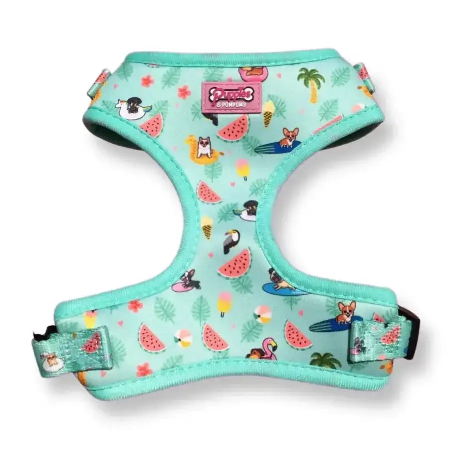 Mint green Poms Dog Harness with Summer Pawl Pawty tropical print