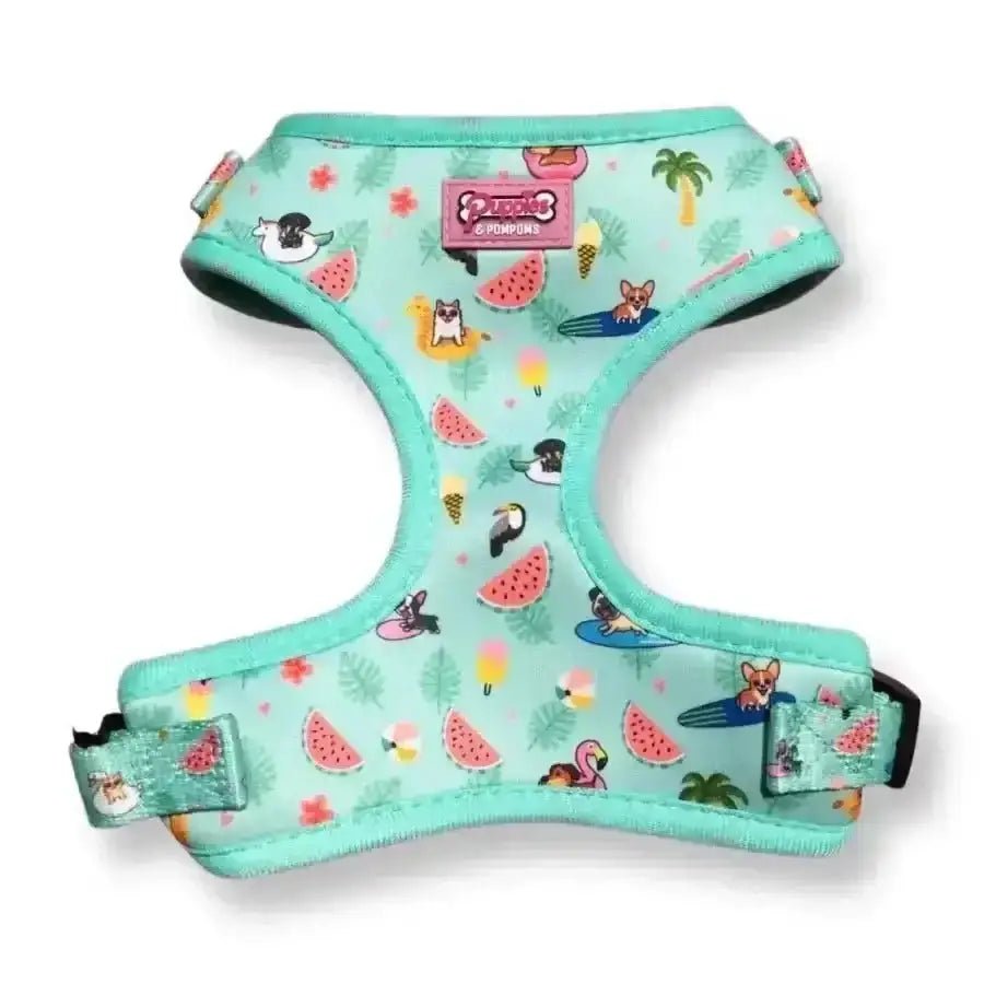 Mint green Poms Dog Harness with Summer Pawl Pawty tropical print