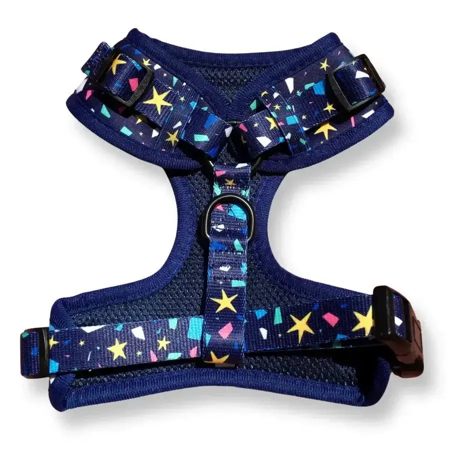 Navy blue mesh Poms Dog Harness with Terrazzo Stars pattern