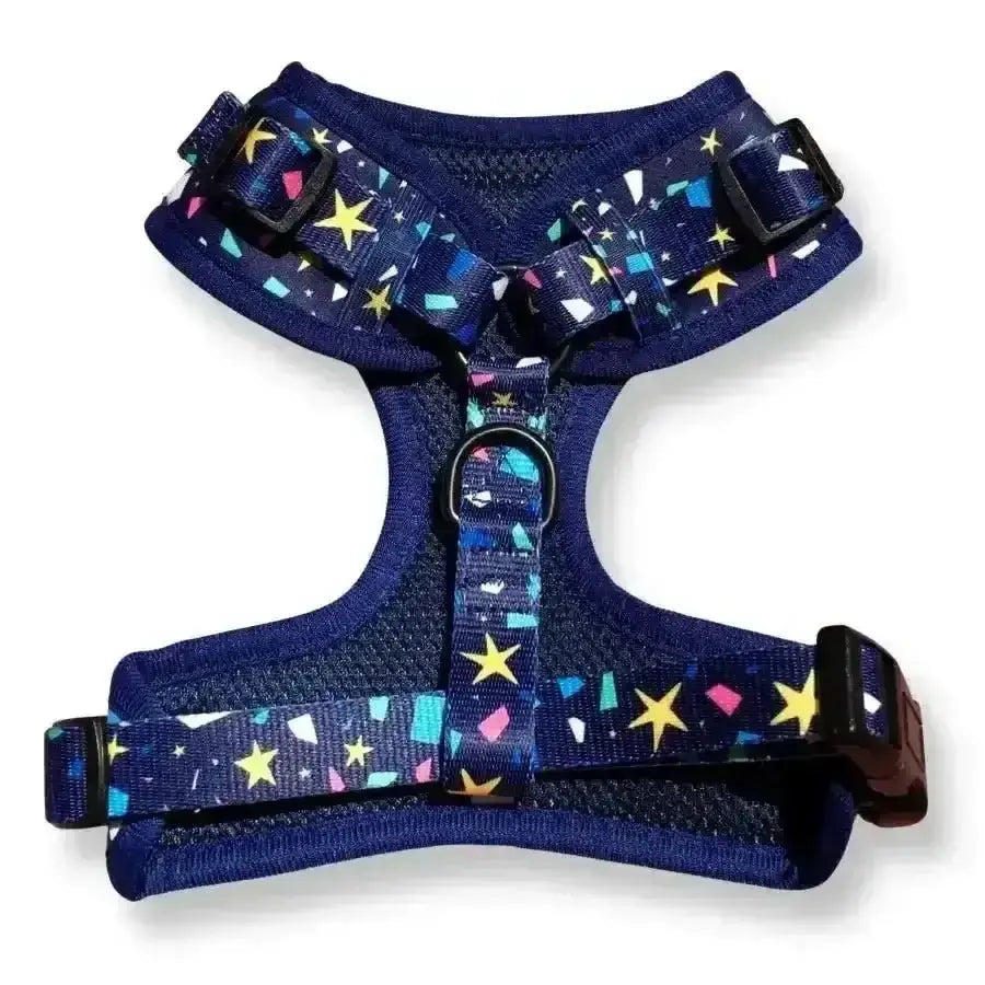 Navy blue mesh Poms Dog Harness with Terrazzo Stars pattern