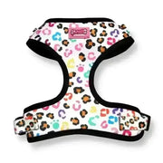Poms dog harness with leopard print, colorful spots, paw prints, neoprene