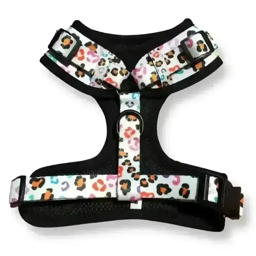 Poms Dog Harness: Leopard Print with Adjustable Straps and Black Trim