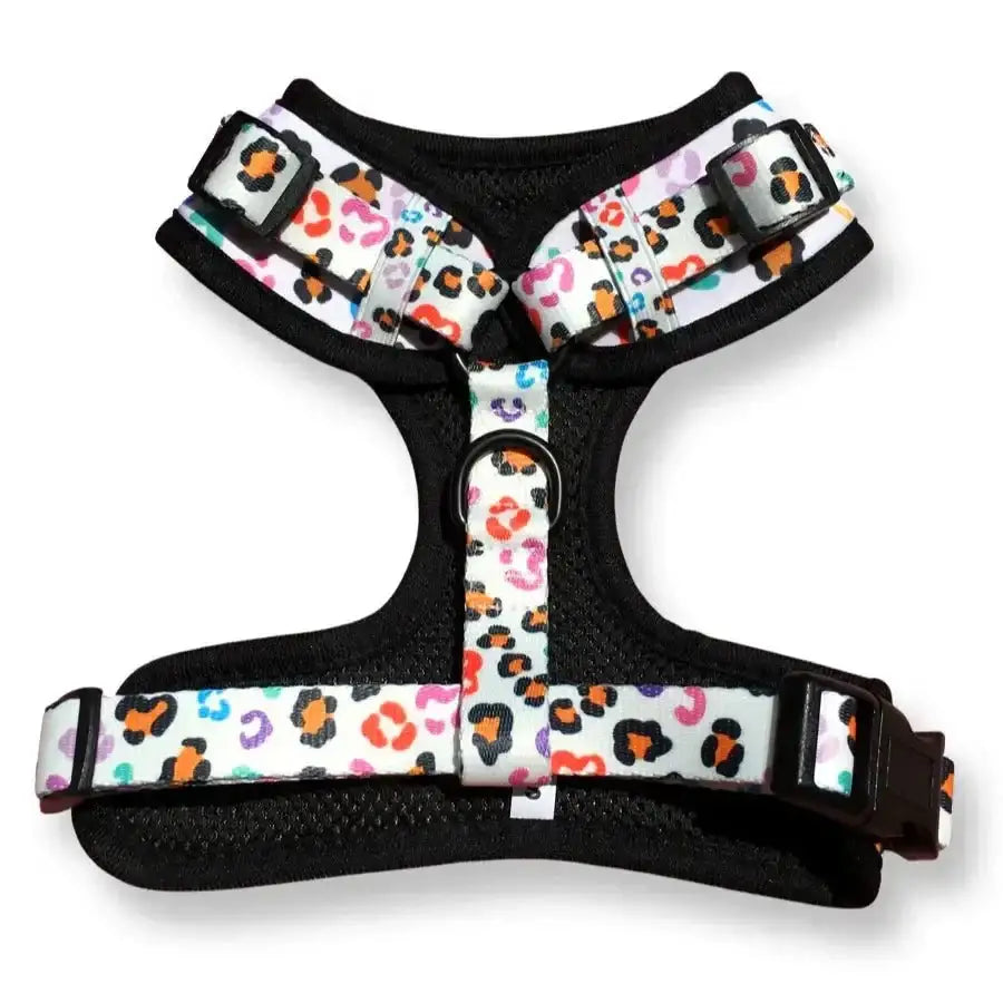 Poms Dog Harness: Leopard Print with Adjustable Straps and Black Trim