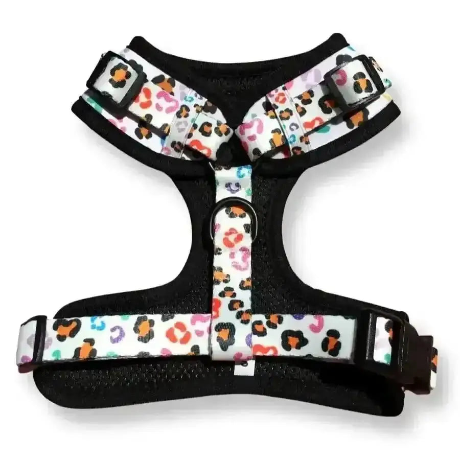 Poms Dog Harness: Leopard Print with Adjustable Straps and Black Trim