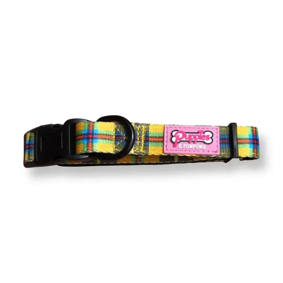 Plaid dog collar with pink and white label, black buckle, yellow background.