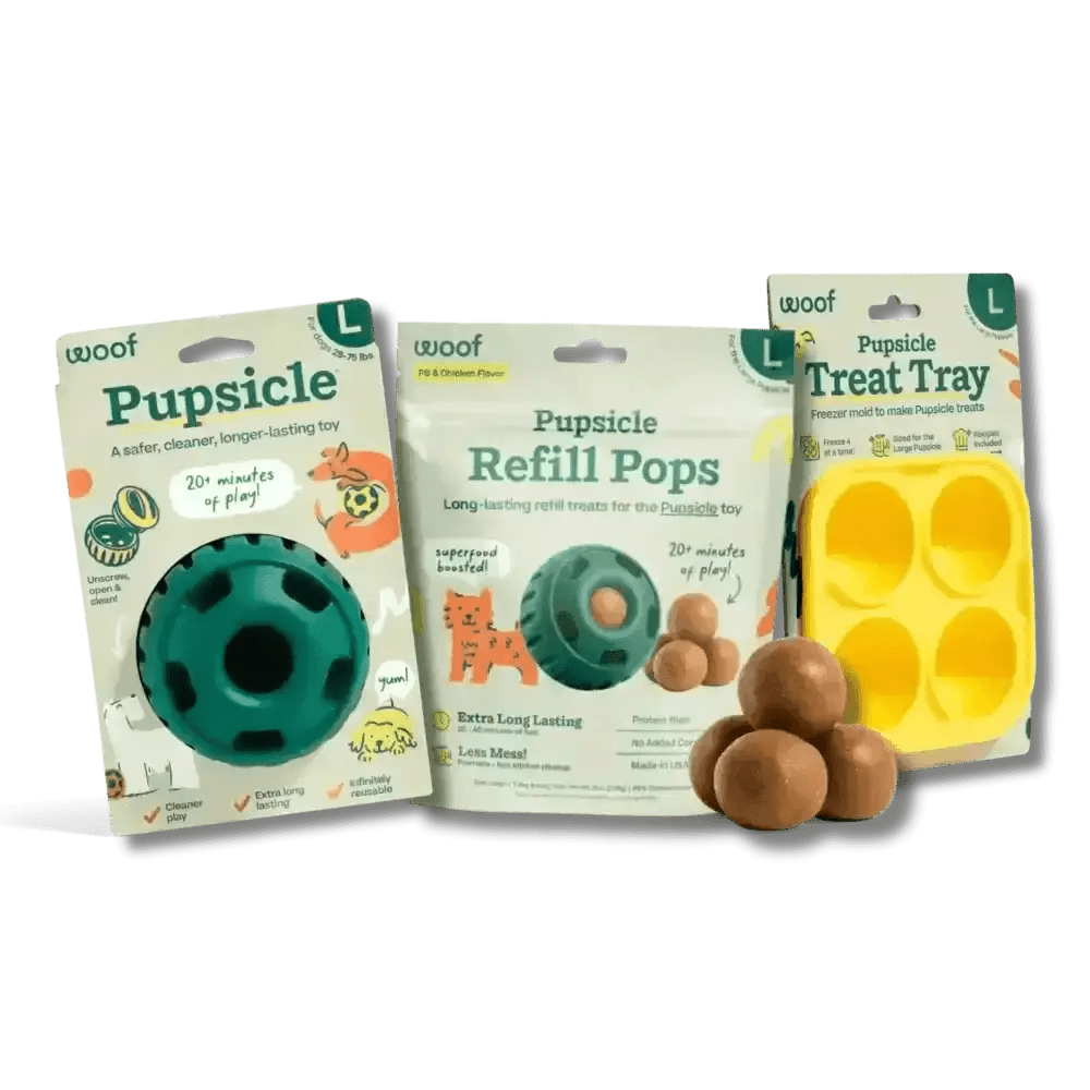 Woof Pupsicle treat tray for dog enrichment in yellow silicone starter pack with four compartments