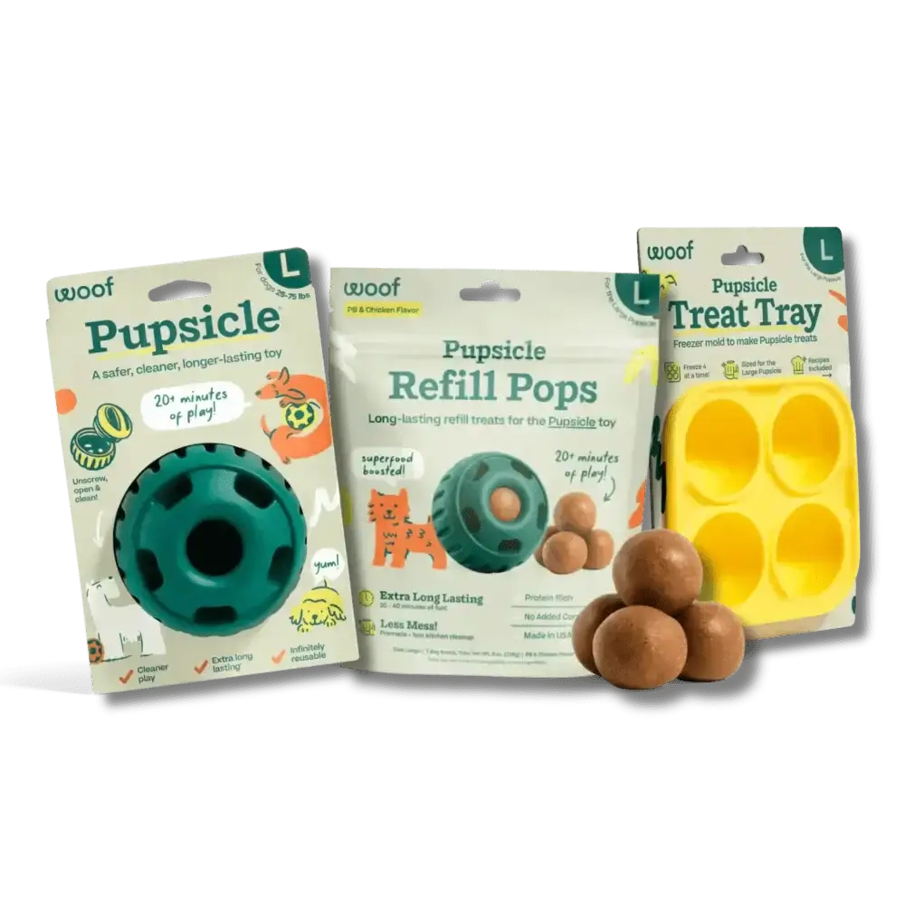 Woof Pupsicle treat tray for dog enrichment in yellow silicone starter pack with four compartments