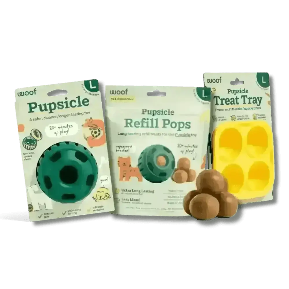 Woof Pupsicle treat tray for dog enrichment in yellow silicone starter pack with four compartments