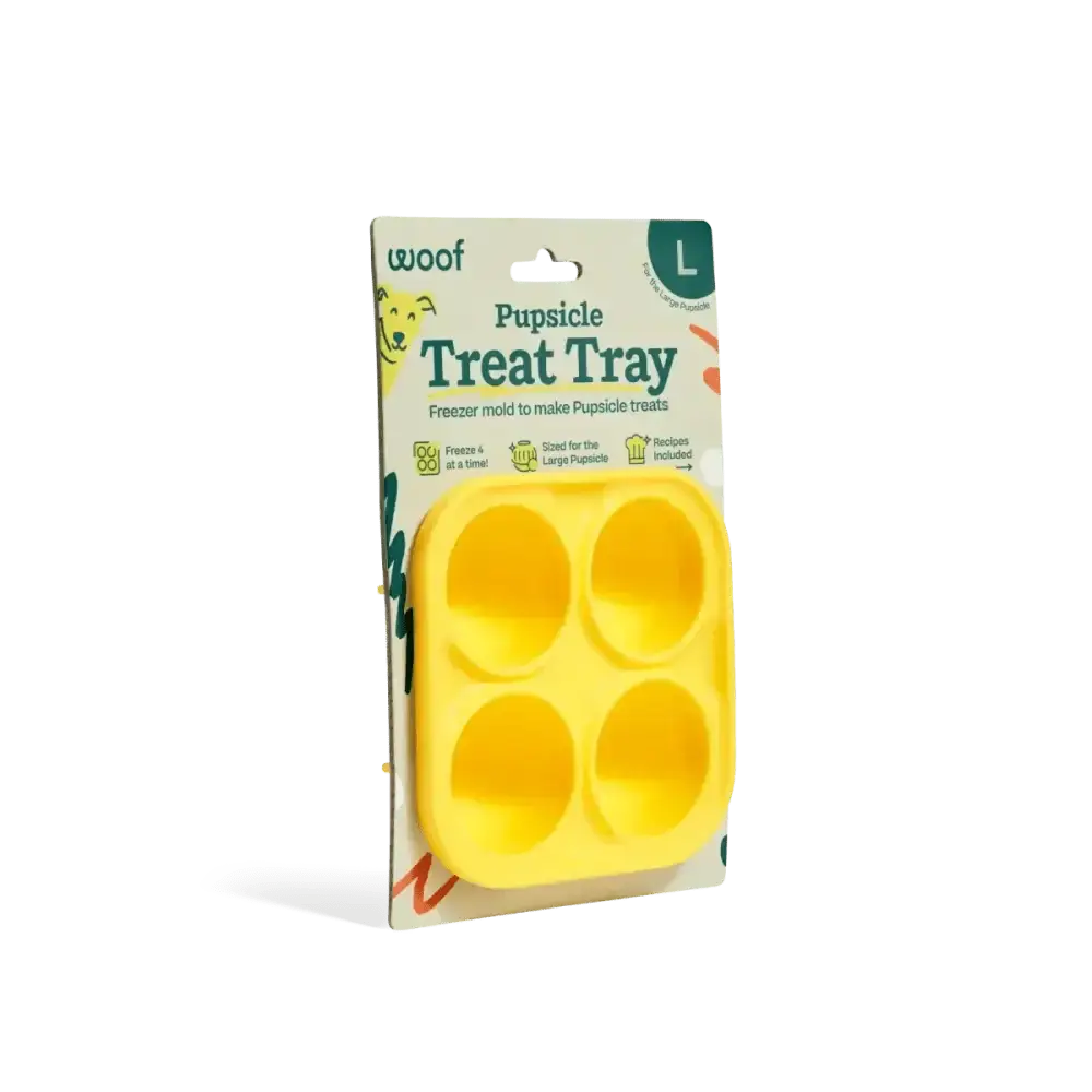 Woof Pupsicle treat tray yellow silicone mold for frozen dog enrichment starter pack